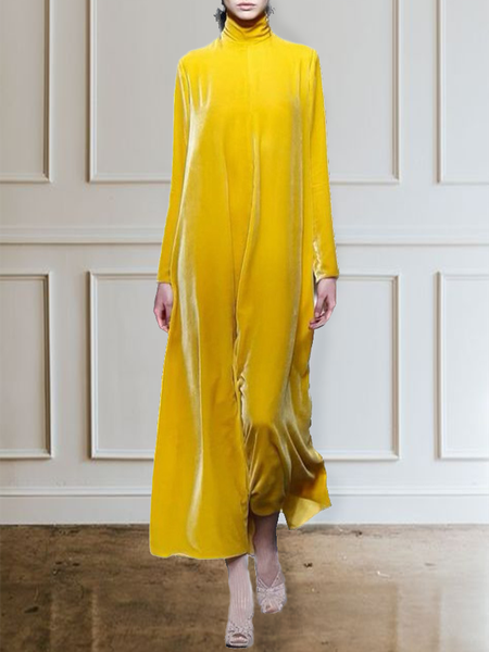 Elegant Velvet Plain Long Sleeve Dress, Yellow, Maxi Dresses