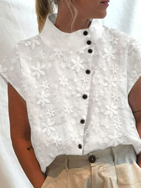 Women Plain Elegant Turtleneck Floral Lace Button Short Sleeve Cotton Linen Blouse, White, Blouses & Shirts
Women Plain Elegant Turtleneck Floral Lace Button Short Sleeve Cotton Linen Blouse, White, Blouses & Shirts