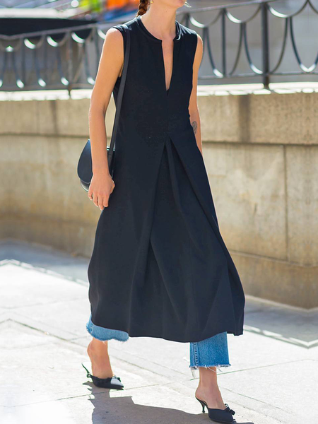 Lightweight Sleeveless V Neck Urban Tank Mid-long Top, Black, Tanks and Camis 
Lightweight Sleeveless V Neck Urban Tank Mid-long Top, Black, Tanks and Camis