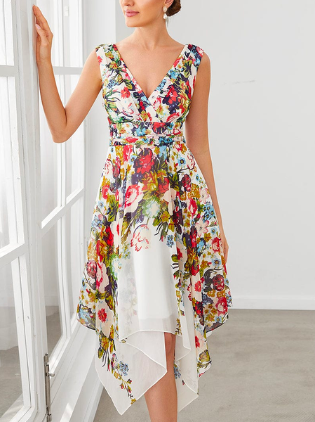 Sleeveless V-Neck Printed Chiffon Asymmetrical Evening Dress, White, Formal Dresses
Sleeveless V-Neck Printed Chiffon Asymmetrical Evening Dress, White, Formal Dresses