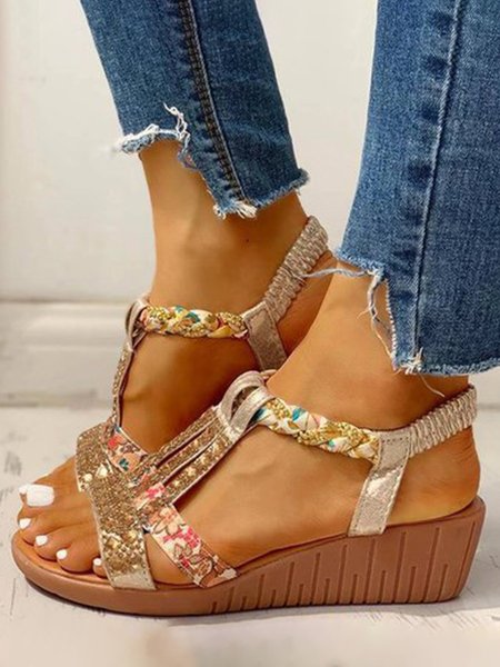 Boho Vacation Rhinestone Braided Beach Sandals, Golden, Sandals
