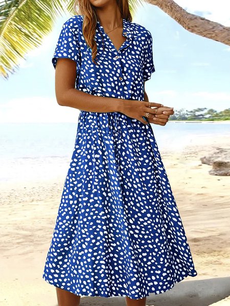 Vacation Loose Abstract Polka Dots V Neck Dress, Blue, Dresses