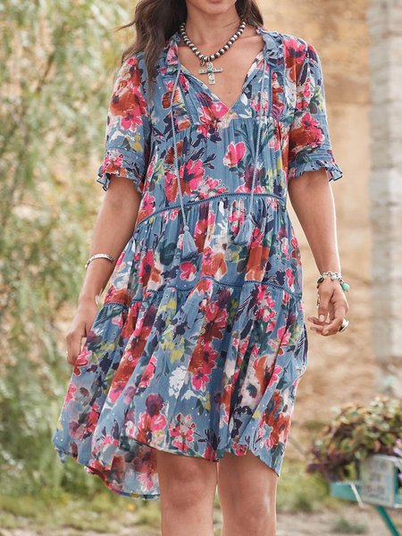 Floral V Neck Loose Boho Dress, Blue, Dresses