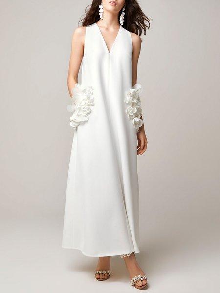 Plain Elegant V Neck Loose Dress, White, Maxi Dresses