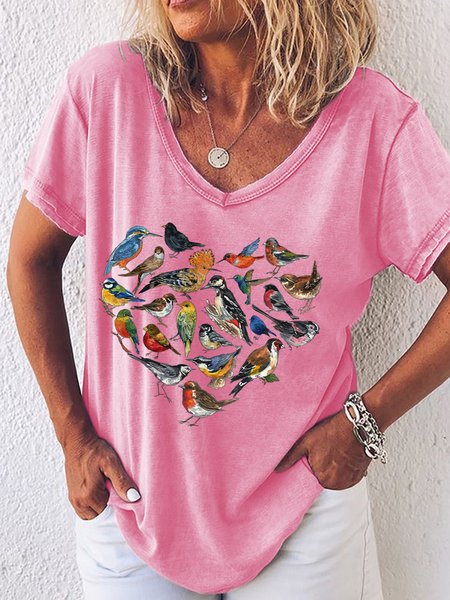 Women's Bird Lover V Neck Casual T-Shirt, Pink, T-shirts