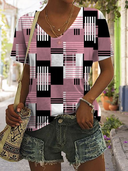 Geometric Casual Loose T-Shirt, Pink, T-Shirts