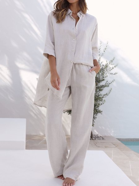 

Comfy Lounge Outfits Casual Plain Suits Button Down 3/4 Sleeve Blouse and Pockets Pants Two-Piece Sets, Light gray, Suits