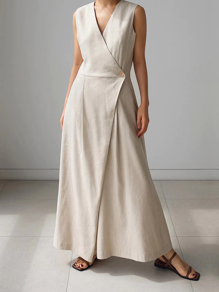 Lightweight Urban Plain Loose V neck Sleeveless Dress, Apricot, Jumpsuits