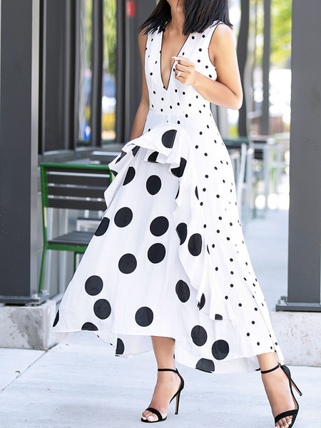 Elegant Polka Dots Regular Fit V Neck Sleeveless Long Dress, White, Maxi Dresses