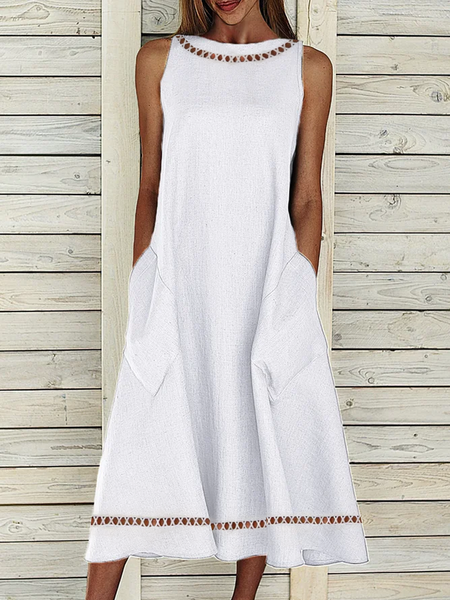 Women Summer Loose Casual Hollow Out Lace Pockets Sleeveless Linen White Dress, Midi Dresses
Women Summer Loose Casual Hollow Out Lace Pockets Sleeveless Linen White Dress, Midi Dresses