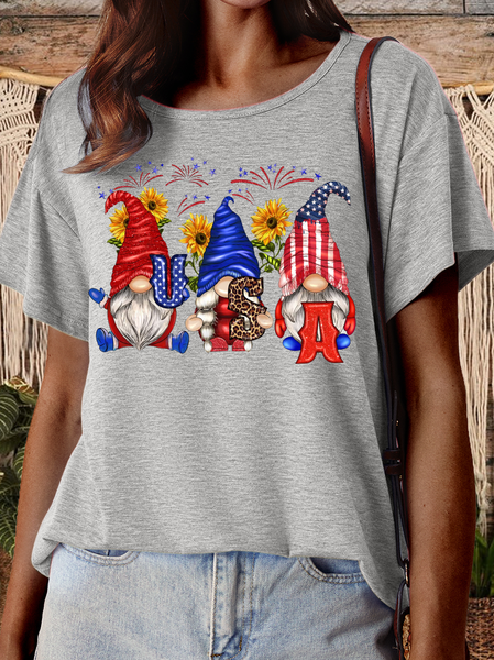 Women's Patriotic American Gnomes With Sunflowers Cotton Casual T-Shirt, Gray, T-shirts