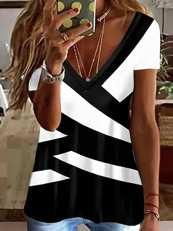 Colorblock Casual V Neck T-Shirt, Black-white, T-Shirts