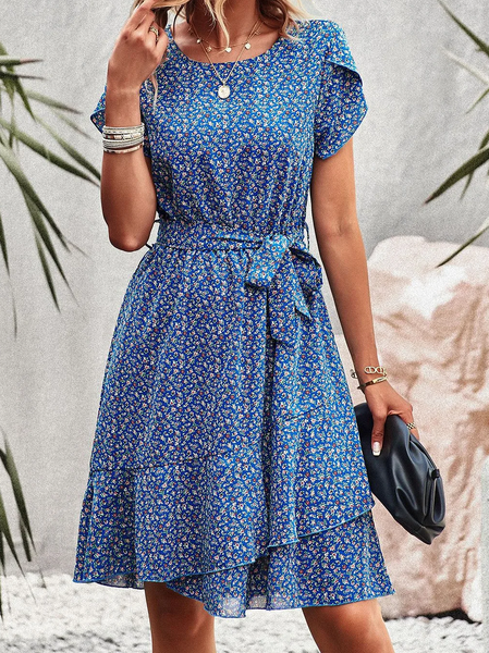 Crew Neck Vacation Floral Loose Dress, Blue, Dresses