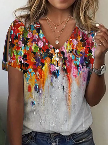 Ombre Casual V Neck Loose T-Shirt, Red, T-Shirts
