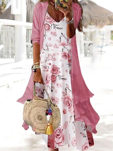 Vacation Floral Women Long Sleeve V-neck Floral Printed Two-Piece Midi Dress, Pink, Dresses
Vacation Floral Women Long Sleeve V-neck Floral Printed Two-Piece Midi Dress, Pink, Dresses