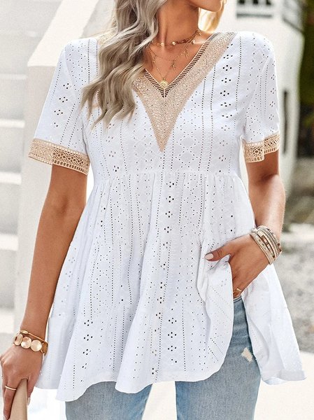 Lace V Neck Loose Casual Shirt, White, Shirts & Blouses