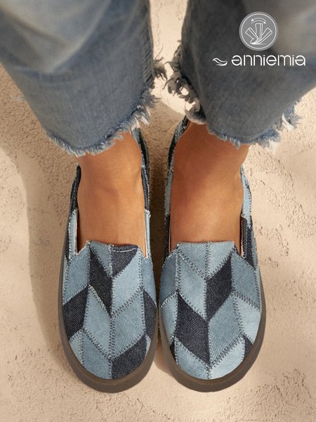 Casual Blue Denim Color Block Comfy Sole Flat Shoes, Sneakers