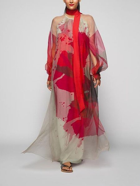 Floral Crew Neck Loose Vacation Dress, As picture, Midi Dresses