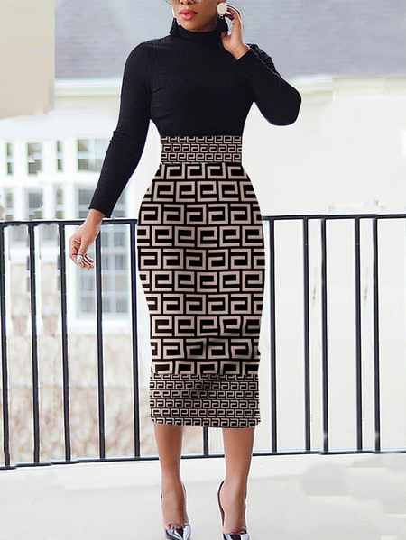 Plus Size Long Sleeve Elegant Tight Dress, Black, Plus Dresses