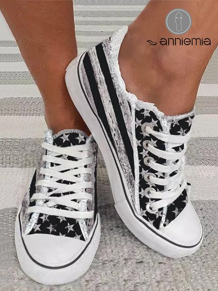 American Flag Fringe Hem Lace Up Canvas Shoes, Black, Sneakers