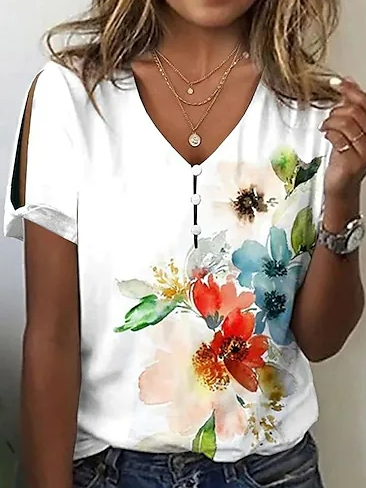 Floral Casual Loose V Neck Shirt, White, Shirts & Blouses
