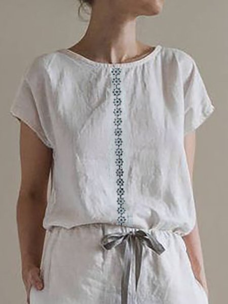 Loose Linen Crew Neck Floral Shirt, White, Shirts & Blouses
