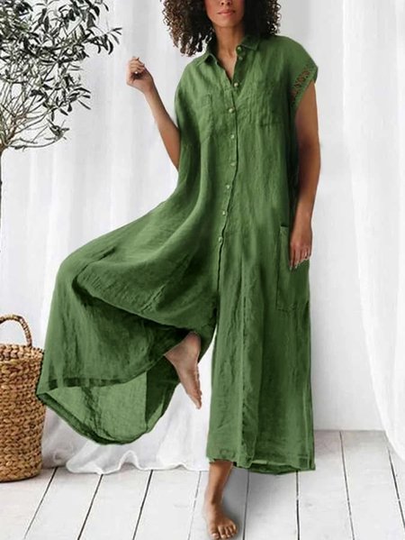 Shirt Collar Short Sleeve Solid Color Cotton Linen Jumpsuit, Green, Jumpsuits & Rompers
Shirt Collar Short Sleeve Solid Color Cotton Linen Jumpsuit, Green, Jumpsuits & Rompers