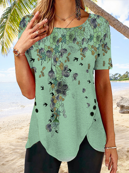 Knitted Crew Neck Casual Shirt, Green, Shirts & Blouses