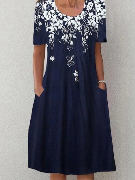 Plus Size Casual Loose Crew Neck Dress, Deep blue, Dresses
