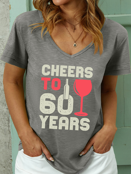 Lilicloth X Jessanjony Cheers To 60 Years Women's V Neck Casual T-Shirt, Gray, T-shirts