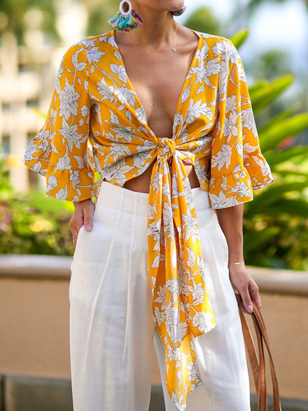 Lightweight Loose V Neck Short sleeve Floral Vacation Kimono, Yellow, Others