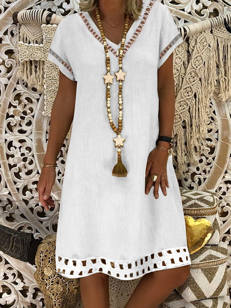 

Women Elegant Hollow Out Hem V Neck Short Sleeve Vacation White Linen Dress, Mini Dresses