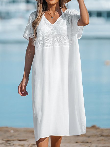 Vacation Loose Plain Dress, White, Midi Dresses