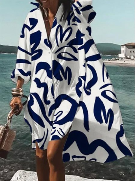 Plus Size Loose Abstract Shirt Collar Dress, Blue, Plus Dresses