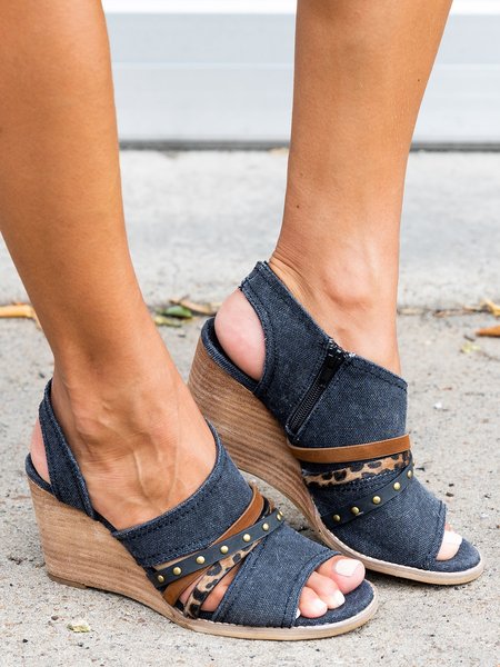 Rivets Leopard Straps Decor Canvas Wedge Sandals, Navyblue, Sandals