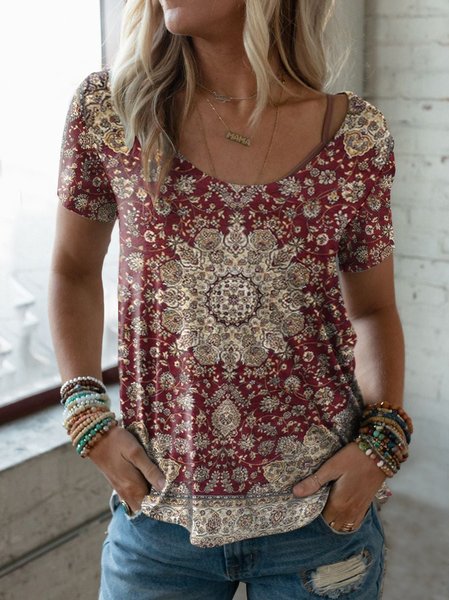 Loose Ethnic Ethnic Crew Neck T-Shirt, Red, T-Shirts