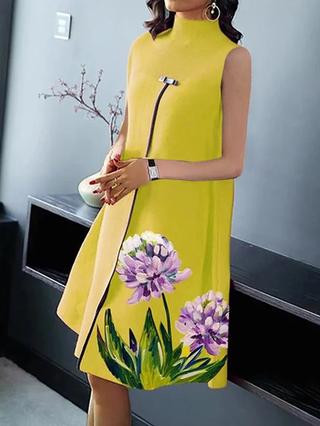 

Plus Size High Elasticity Loose Urban Half Turtleneck Sleeveless Floral Skirt Dress, Yellow, Knit Dress