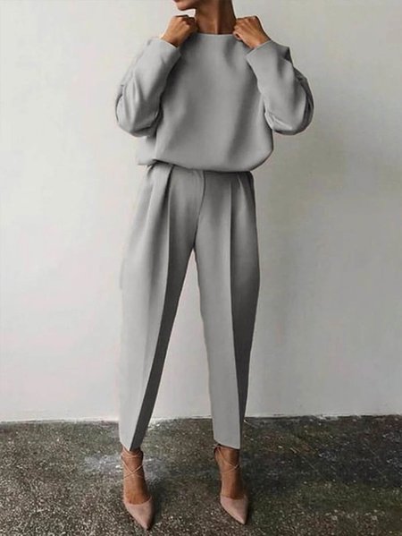 Plus Size Crew Neck Loose Plain Casual Two-Piece Set, Gray, Plus Two-piece-set