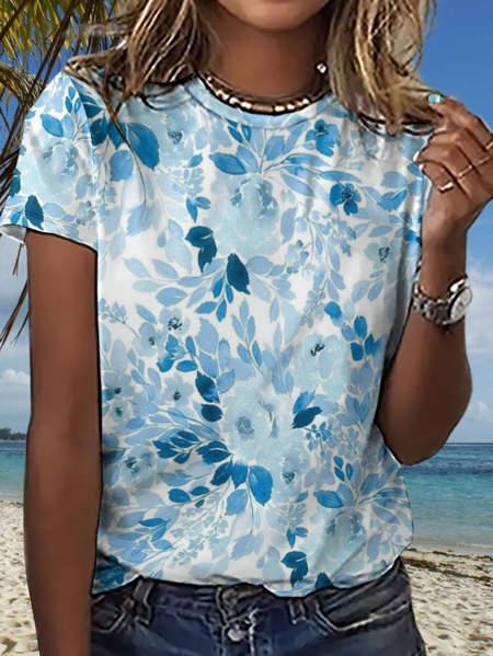 Women's Loose Blue Floral Crew Neck Simple T-Shirt, T-shirts