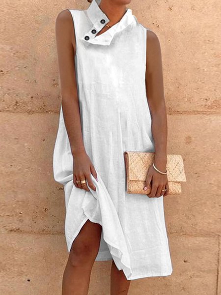 Loose Asymmetrical Collar Simple Dress, White, Midi Dresses