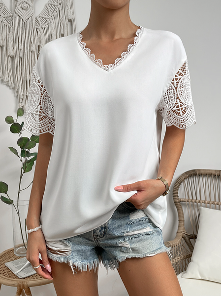Plain Simple V Neck Lace Shirt, White, Shirts & Blouses