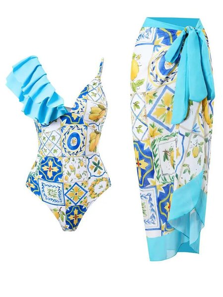 Floral V Neck Vacation One Piece With Cover Up, Blue, swimwear>>One-Pieces
