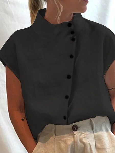 Women's Cotton Linen Stand Collar Casual Shirt, Black, Shirts & Blouses
