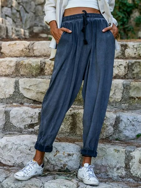 Plain Cotton Casual Pants, Dark blue, Pants