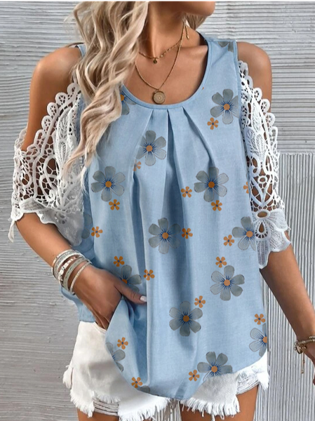 Loose Casual Lace Floral Shirt, Light blue, Shirts & Blouses