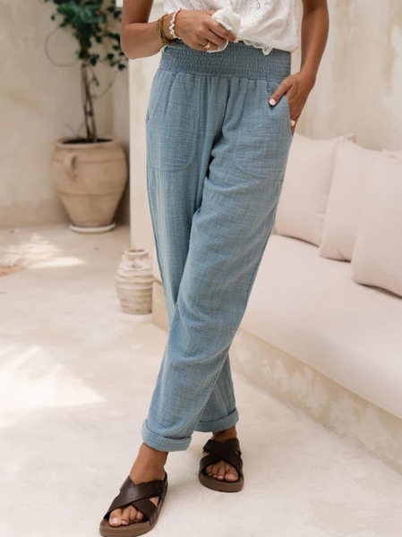 Linen Cotton And Linen Plain Pants, Blue, Pants