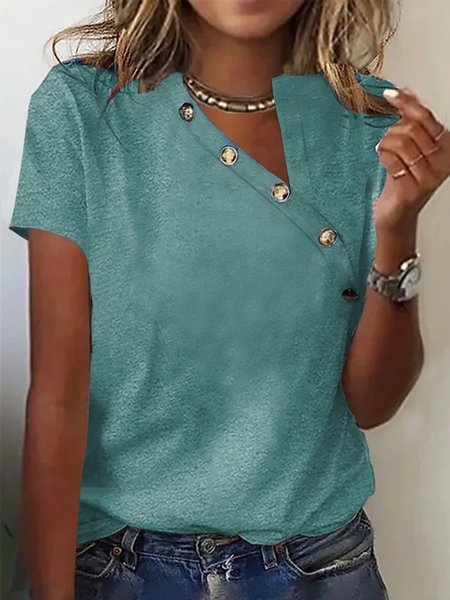 

Asymmetrical Collar Buttoned Casual T-Shirt, Green, T-Shirts