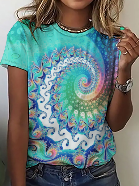 Women’s Abstract Simple Crew Neck Loose T-Shirt, Blue, T-shirts