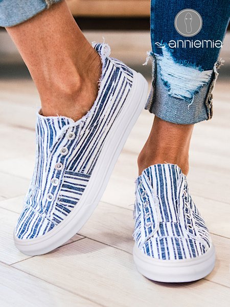 Blue Striped Casual Slip On Canvas Shoes, Sneakers