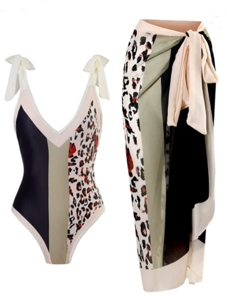 Sexy Plants Printing One Piece With Cover Up, Black, swimwear>>One-Pieces